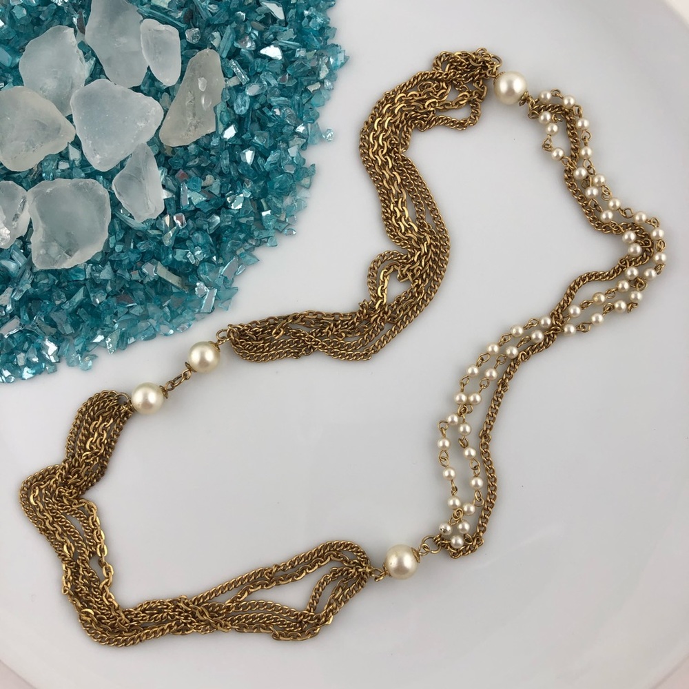 Vintage Gold Tone and Pearl Multi Strand Necklace